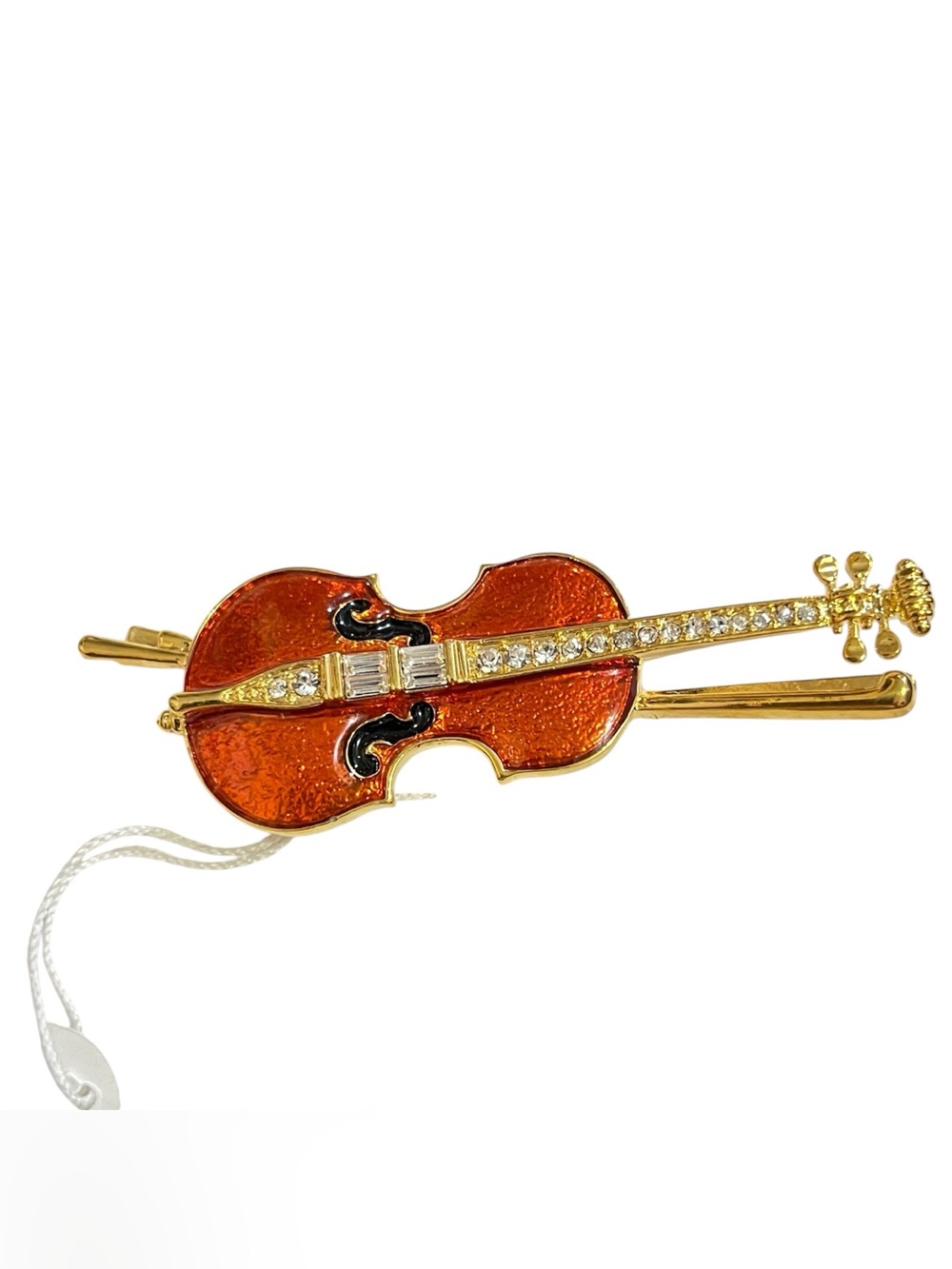 Flexi Orange Enamel Violin Hair Barrette with Rhinestone Accents